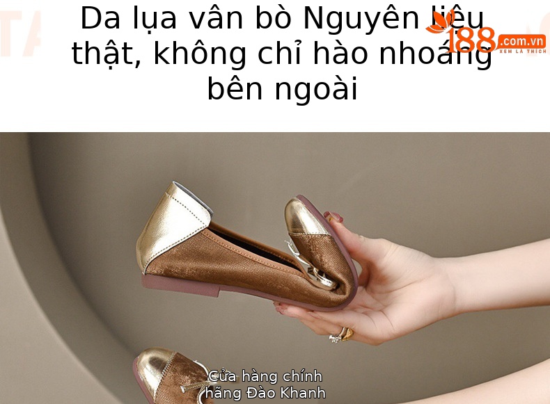 Giày lười nữ mũi tròn da mềm đế bệt xỏ chân — Màu Sâm panh chi tiết 6