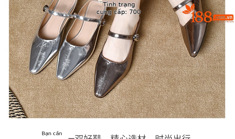 Dép nữ da thật xỏ ngón đế bệt mũi tròn màu bạc sáng bóng — Màu vàng cổ chi tiết 18
