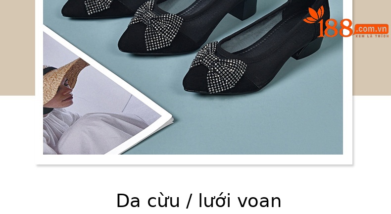 Giày cao gót nữ mũi nhọn da thật gót 5 cm nơ bướm lưới thoáng khí — Chiều cao gót 5 cm gót nhọn chi tiết 5
