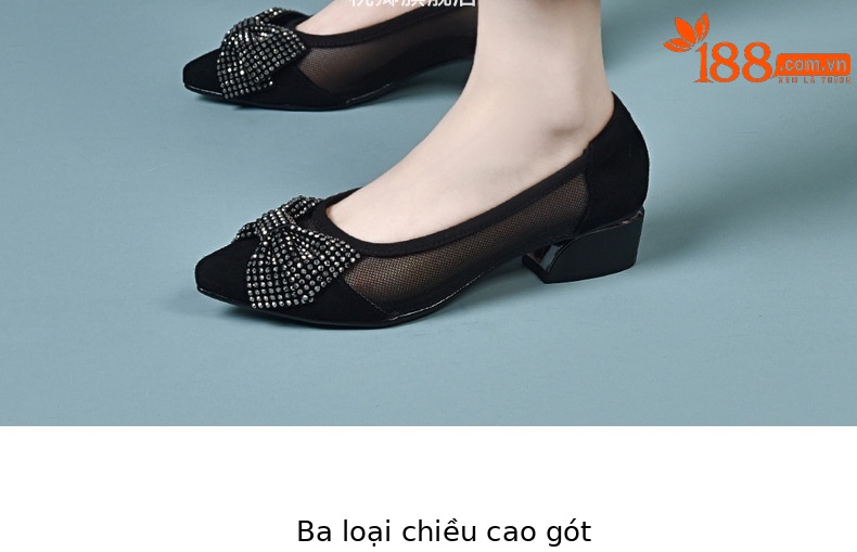Giày cao gót nữ mũi nhọn da thật gót 5 cm nơ bướm lưới thoáng khí — Chiều cao gót 5 cm gót nhọn chi tiết 7