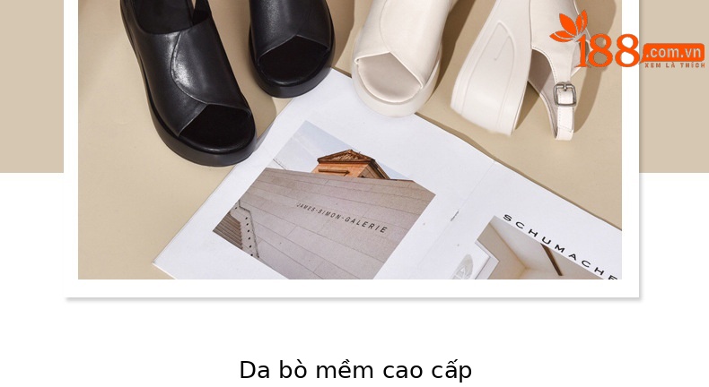 Sandal da thật nữ gót wedge đế xuồng platform cao 9 cm, dáng đế dày thoải mái — Màu đen chi tiết 5