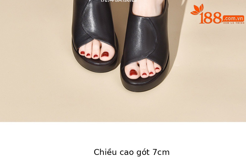Sandal da thật nữ gót wedge đế xuồng platform cao 9 cm, dáng đế dày thoải mái — Màu đen chi tiết 7