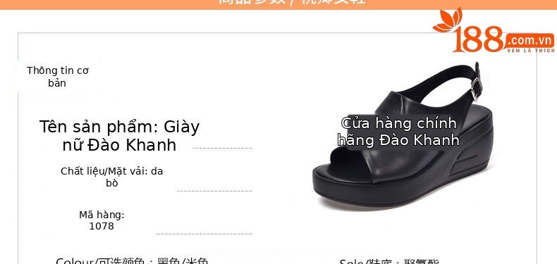 Sandal da thật nữ gót wedge đế xuồng platform cao 9 cm, dáng đế dày thoải mái — Màu đen chi tiết 10
