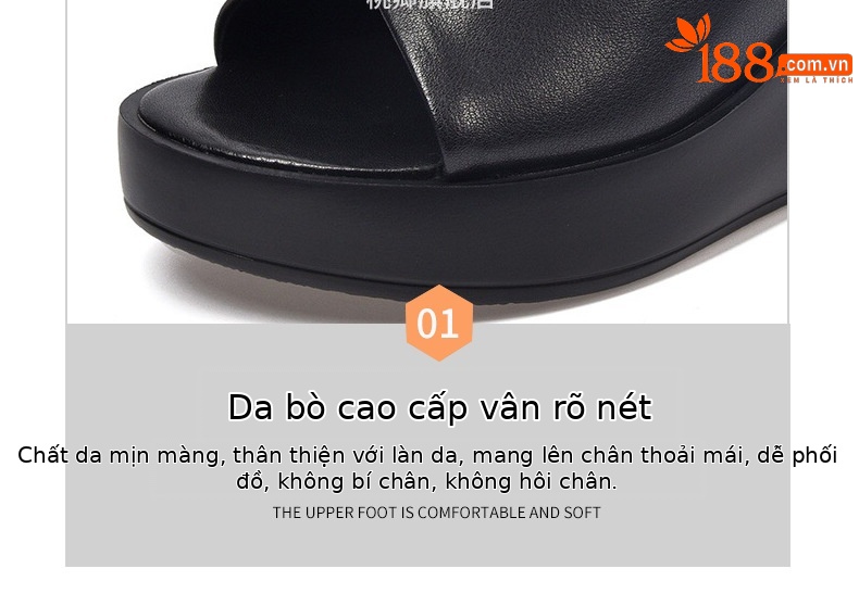Sandal da thật nữ gót wedge đế xuồng platform cao 9 cm, dáng đế dày thoải mái — Màu đen chi tiết 13