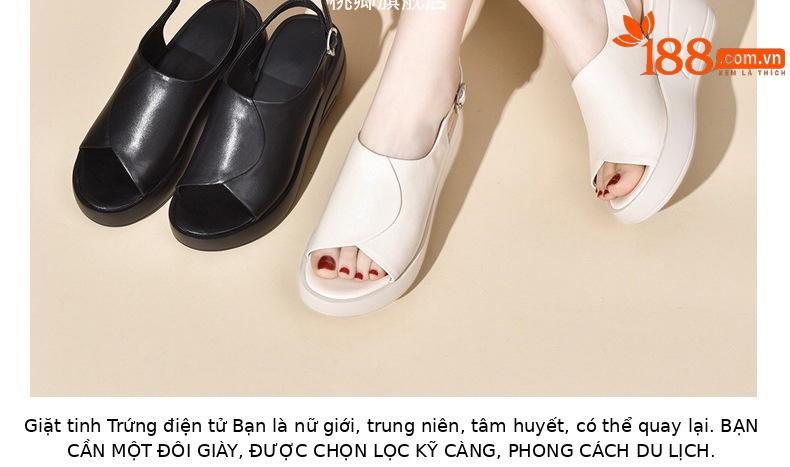 Sandal da thật nữ gót wedge đế xuồng platform cao 9 cm, dáng đế dày thoải mái — Màu đen chi tiết 19