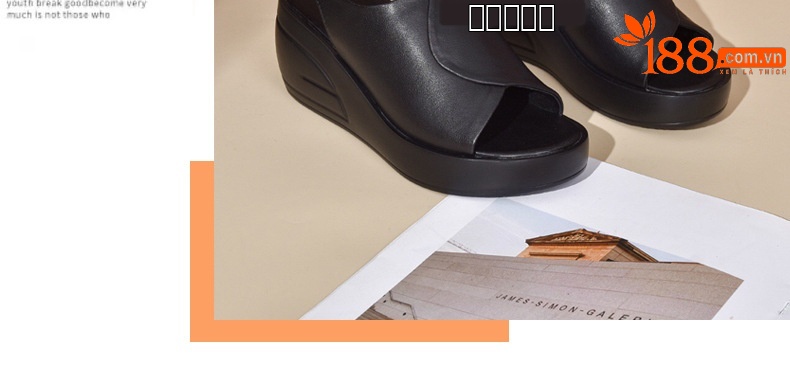 Sandal da thật nữ gót wedge đế xuồng platform cao 9 cm, dáng đế dày thoải mái — Màu đen chi tiết 25