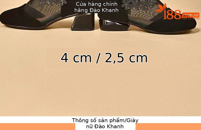 Giày sandal nữ da thật mũi tròn gót vuông 5 cm khoét lỗ hở mũi — Chiều cao gót 5 cm chi tiết 9