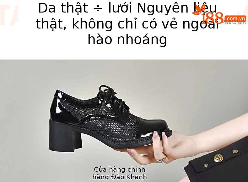 Giày cao gót nữ da thật mũi tròn gót vuông ổn định, đế mềm da bóng, kiểu dáng khoét sâu — Màu đen chi tiết 6