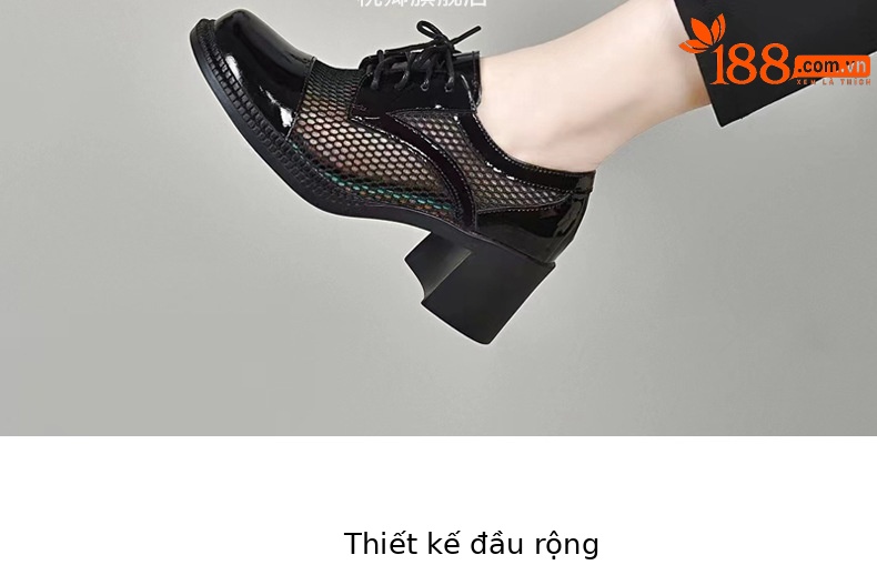 Giày cao gót nữ da thật mũi tròn gót vuông ổn định, đế mềm da bóng, kiểu dáng khoét sâu — Màu đen chi tiết 7