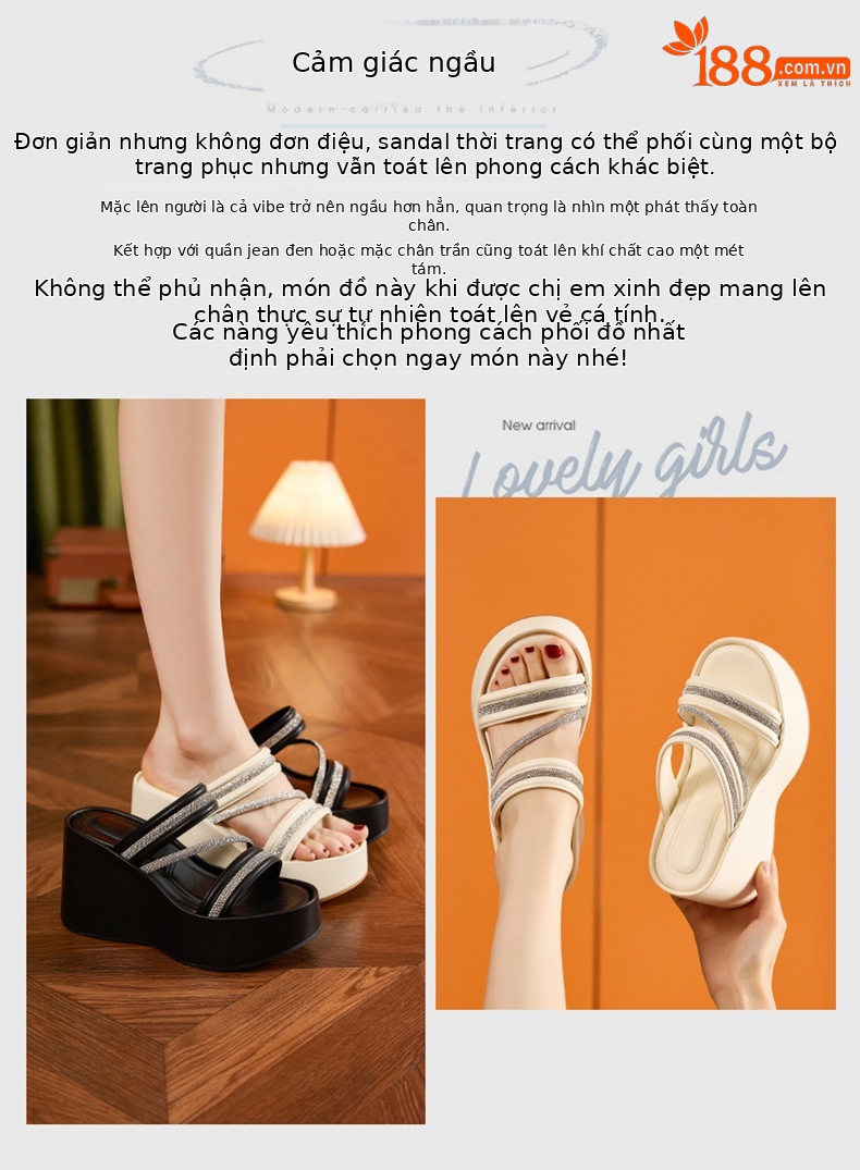 Dép sandal nữ đế dày platform gót 10 cm mũi tròn phong cách đơn giản — Đen, Len nguyên chất chi tiết 3