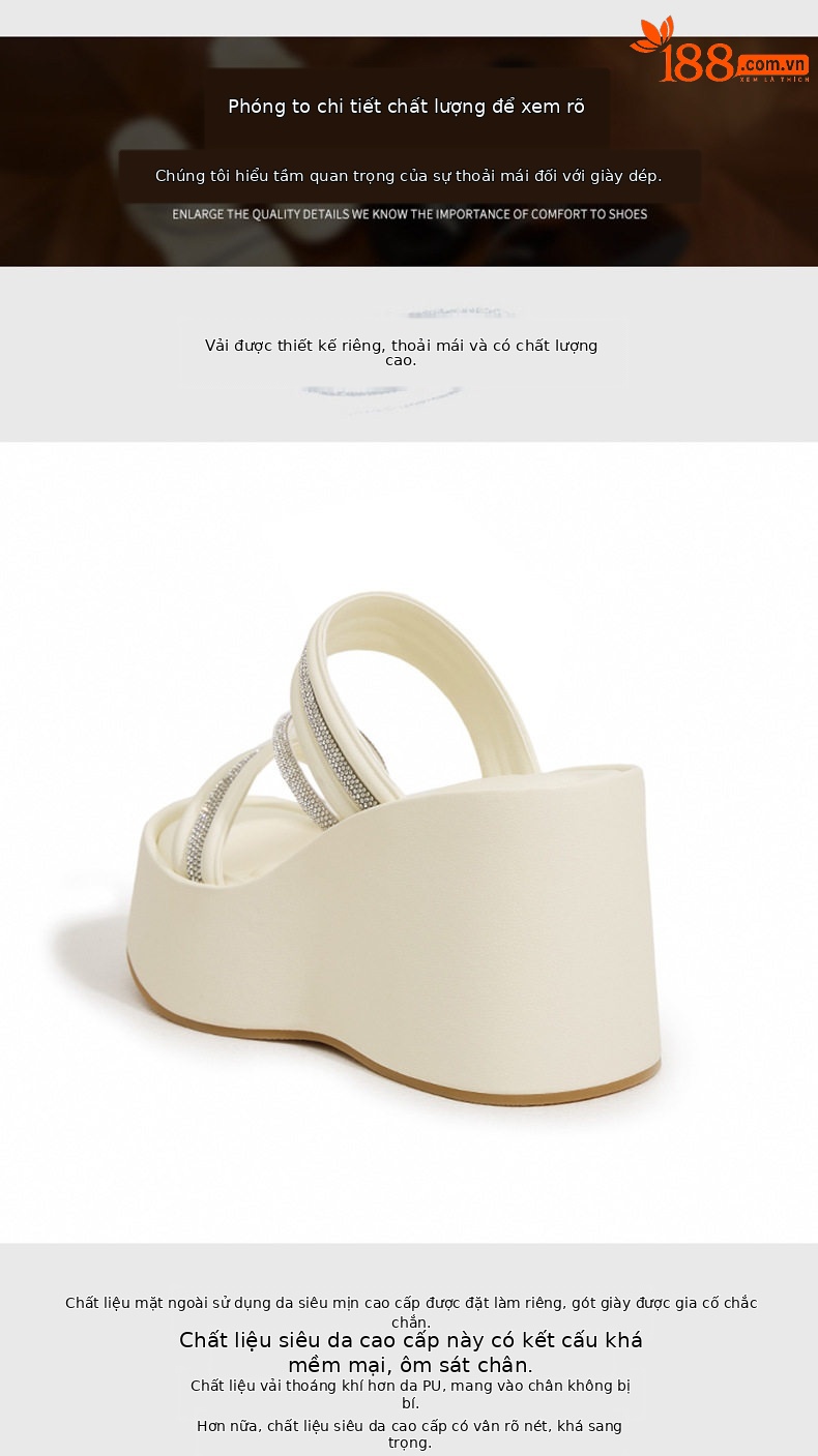 Dép sandal nữ đế dày platform gót 10 cm mũi tròn phong cách đơn giản — Đen, Len nguyên chất chi tiết 5