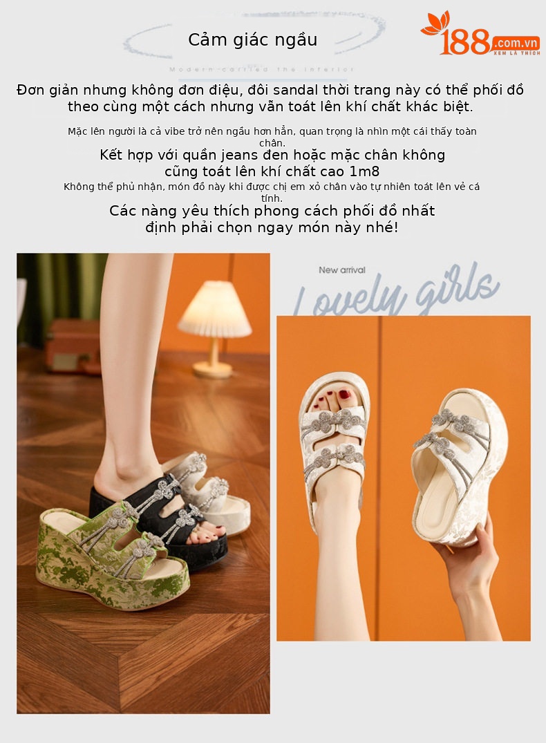 Sandal nữ quai chữ V đế TPU mềm mại, phong cách Trung Hoa thêu hoa — Len tinh khiết, Xanh lá, Đen chi tiết 3