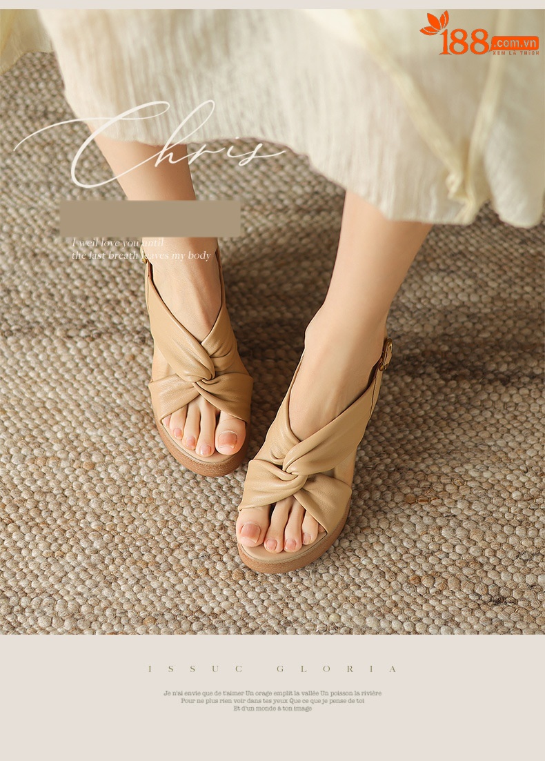 Sandal nữ quai ngang gót vuông đế dày hở ngón da cừu — Màu be chi tiết 1