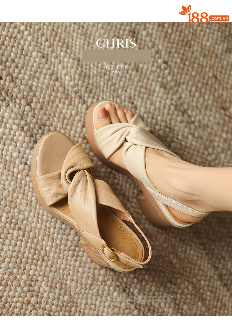 Sandal nữ quai ngang gót vuông đế dày hở ngón da cừu — Màu be chi tiết 5