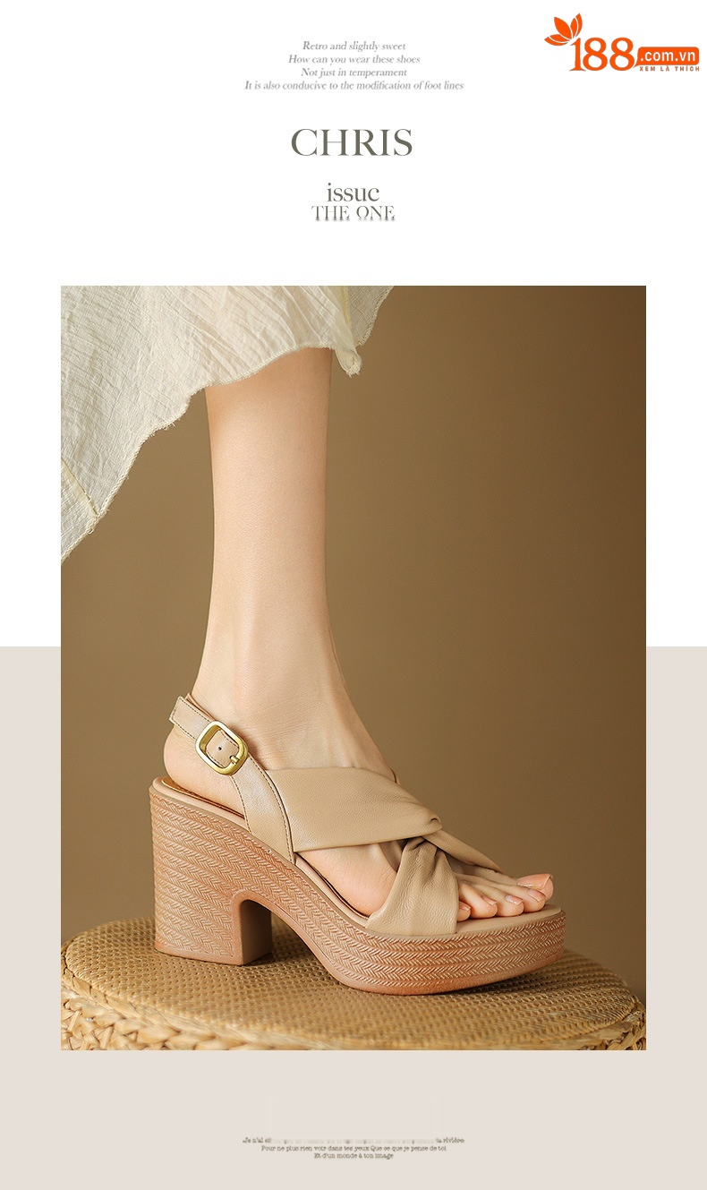 Sandal nữ quai ngang gót vuông đế dày hở ngón da cừu — Màu be chi tiết 8