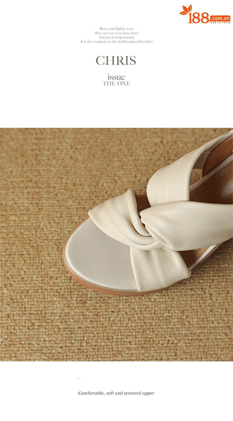 Sandal nữ quai ngang gót vuông đế dày hở ngón da cừu — Màu be chi tiết 14