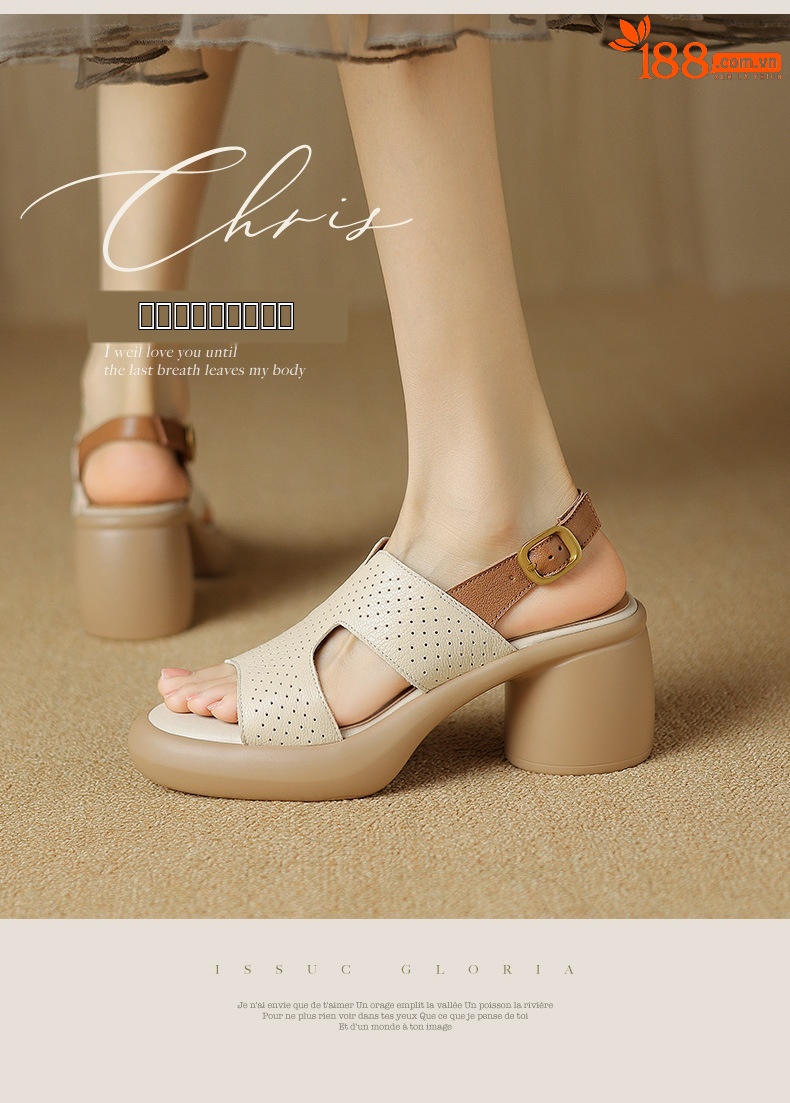 Sandal cao gót hở mũi nữ đế dày da cừu quai ngang đục lỗ — Màu trắng be chi tiết 1
