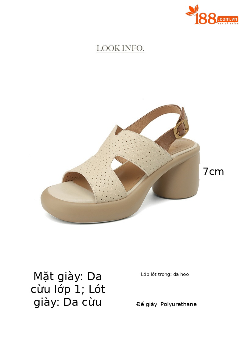 Sandal cao gót hở mũi nữ đế dày da cừu quai ngang đục lỗ — Màu trắng be chi tiết 3