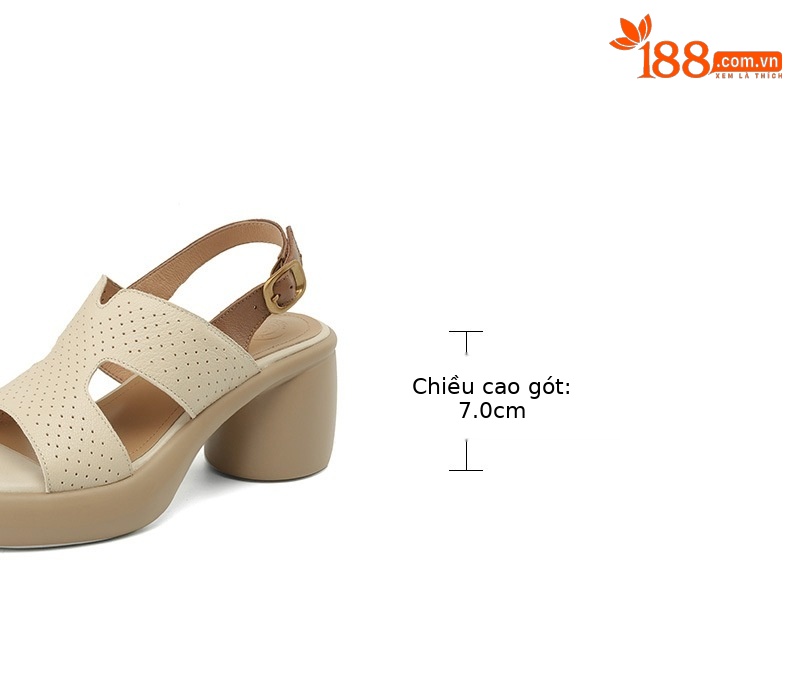 Sandal cao gót hở mũi nữ đế dày da cừu quai ngang đục lỗ — Màu trắng be chi tiết 4
