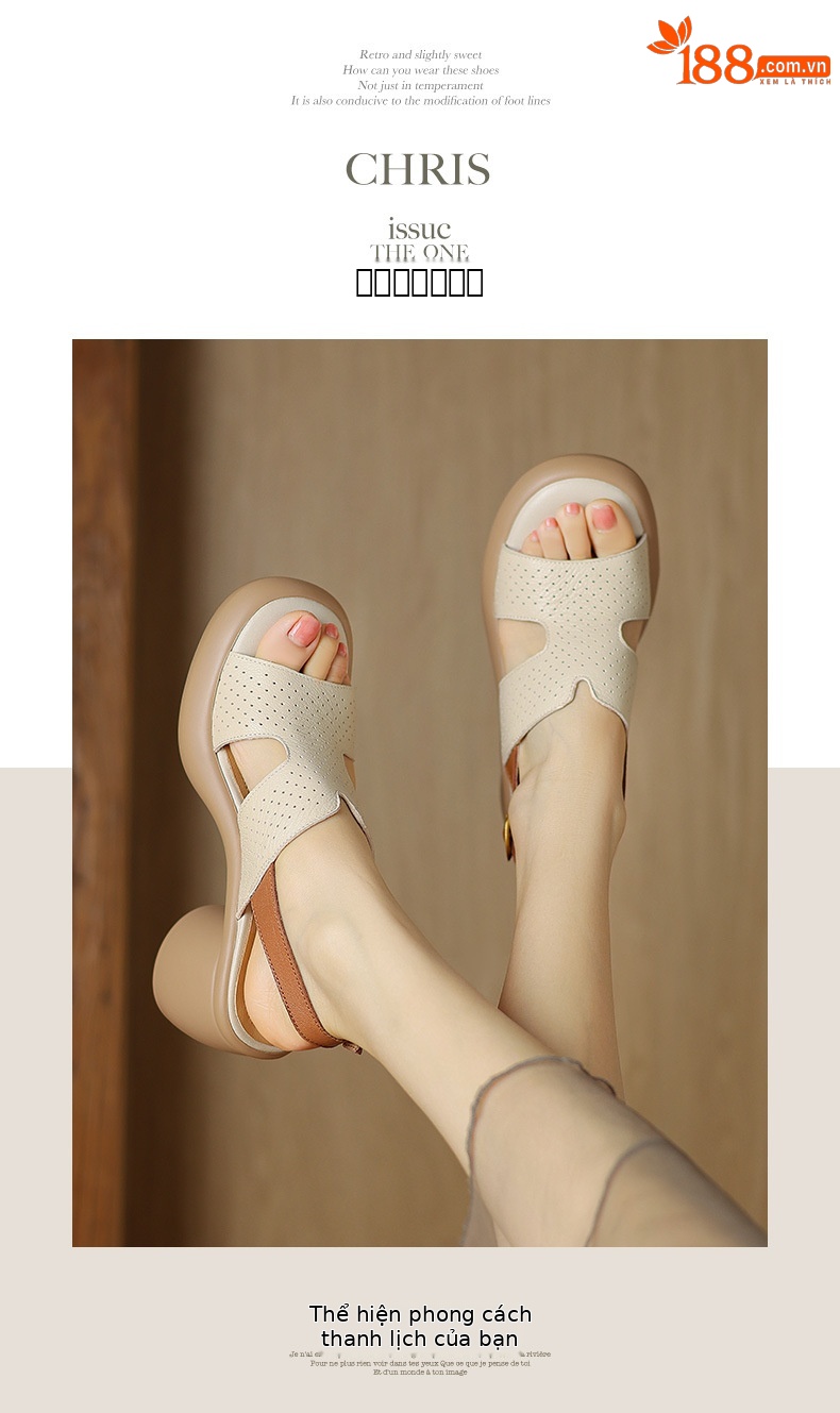 Sandal cao gót hở mũi nữ đế dày da cừu quai ngang đục lỗ — Màu trắng be chi tiết 6