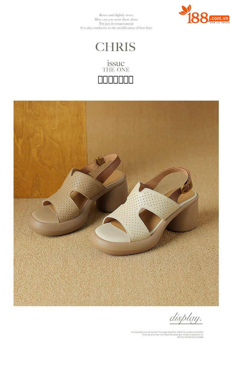 Sandal cao gót hở mũi nữ đế dày da cừu quai ngang đục lỗ — Màu trắng be chi tiết 11