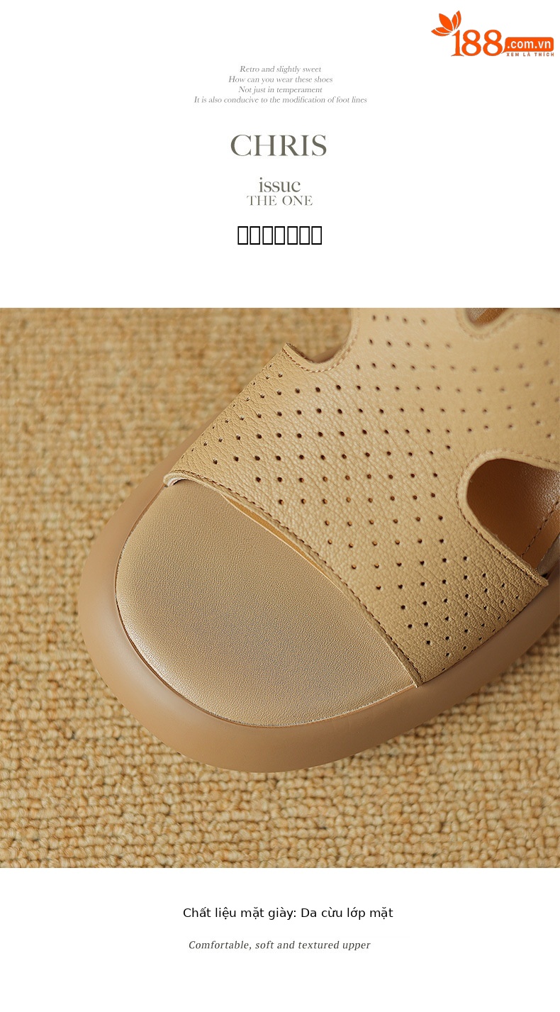 Sandal cao gót hở mũi nữ đế dày da cừu quai ngang đục lỗ — Màu trắng be chi tiết 14