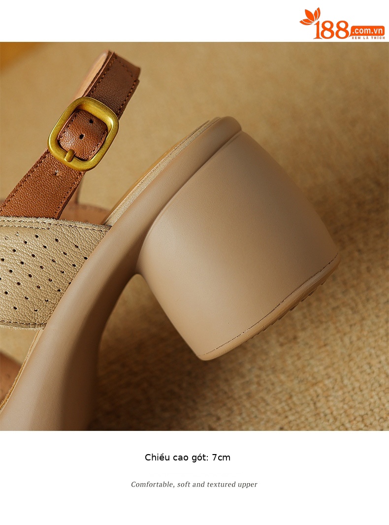 Sandal cao gót hở mũi nữ đế dày da cừu quai ngang đục lỗ — Màu trắng be chi tiết 16