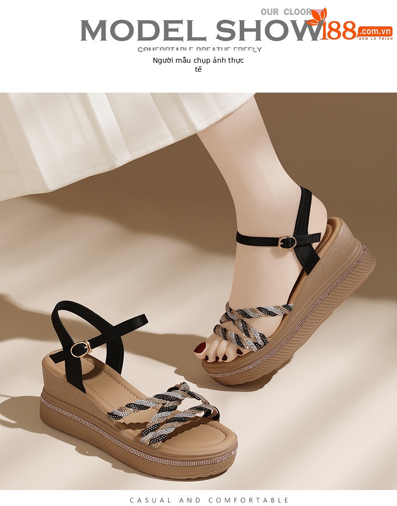 Sandal cao gót nữ quai ngang đế xuồng đế dày tăng chiều cao mùa hè 2024 — 1978 Màu đen, Màu vàng kim 1978 chi tiết 6