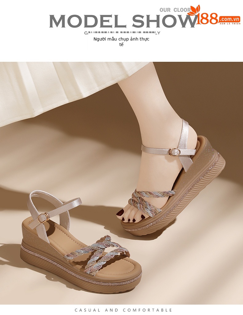 Sandal cao gót nữ quai ngang đế xuồng đế dày tăng chiều cao mùa hè 2024 — 1978 Màu đen, Màu vàng kim 1978 chi tiết 11