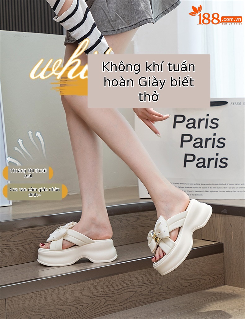 Dép sandal nữ đế dày bánh xốp kiểu Pháp đính nơ, đế cao 5 cm — M2596 màu đen, M2596 màu be chi tiết 1