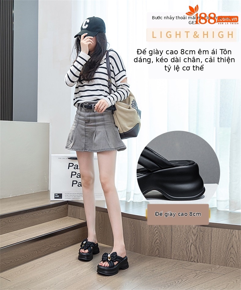 Dép sandal nữ đế dày bánh xốp kiểu Pháp đính nơ, đế cao 5 cm — M2596 màu đen, M2596 màu be chi tiết 4