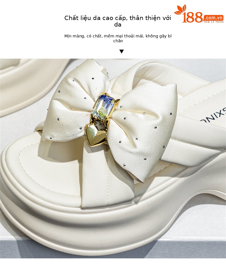Dép sandal nữ đế dày bánh xốp kiểu Pháp đính nơ, đế cao 5 cm — M2596 màu đen, M2596 màu be chi tiết 6