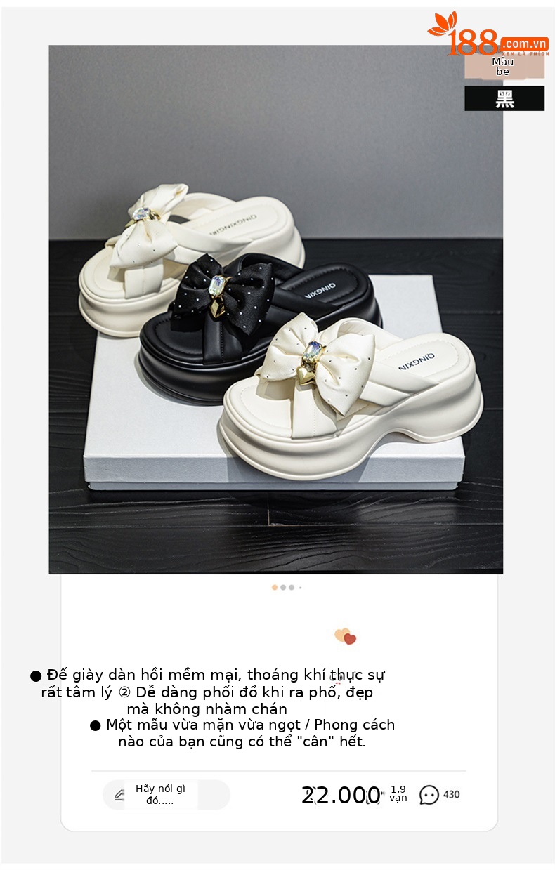 Dép sandal nữ đế dày bánh xốp kiểu Pháp đính nơ, đế cao 5 cm — M2596 màu đen, M2596 màu be chi tiết 5