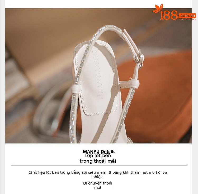Giày cao gót nữ gót vuông đính đá rhinestone thời trang mùa hè — Màu trà sữa chi tiết 4