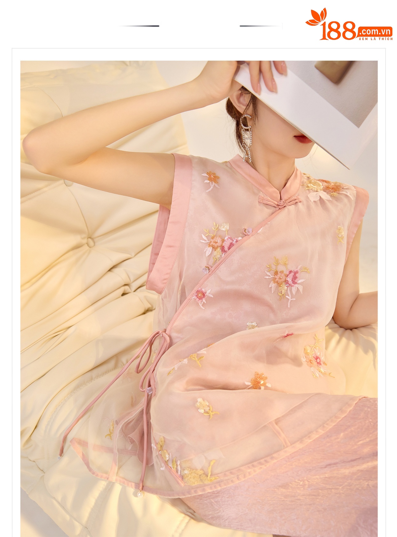 Áo vest lụa thêu hoa dành cho nữ — Màu hồng chi tiết 1