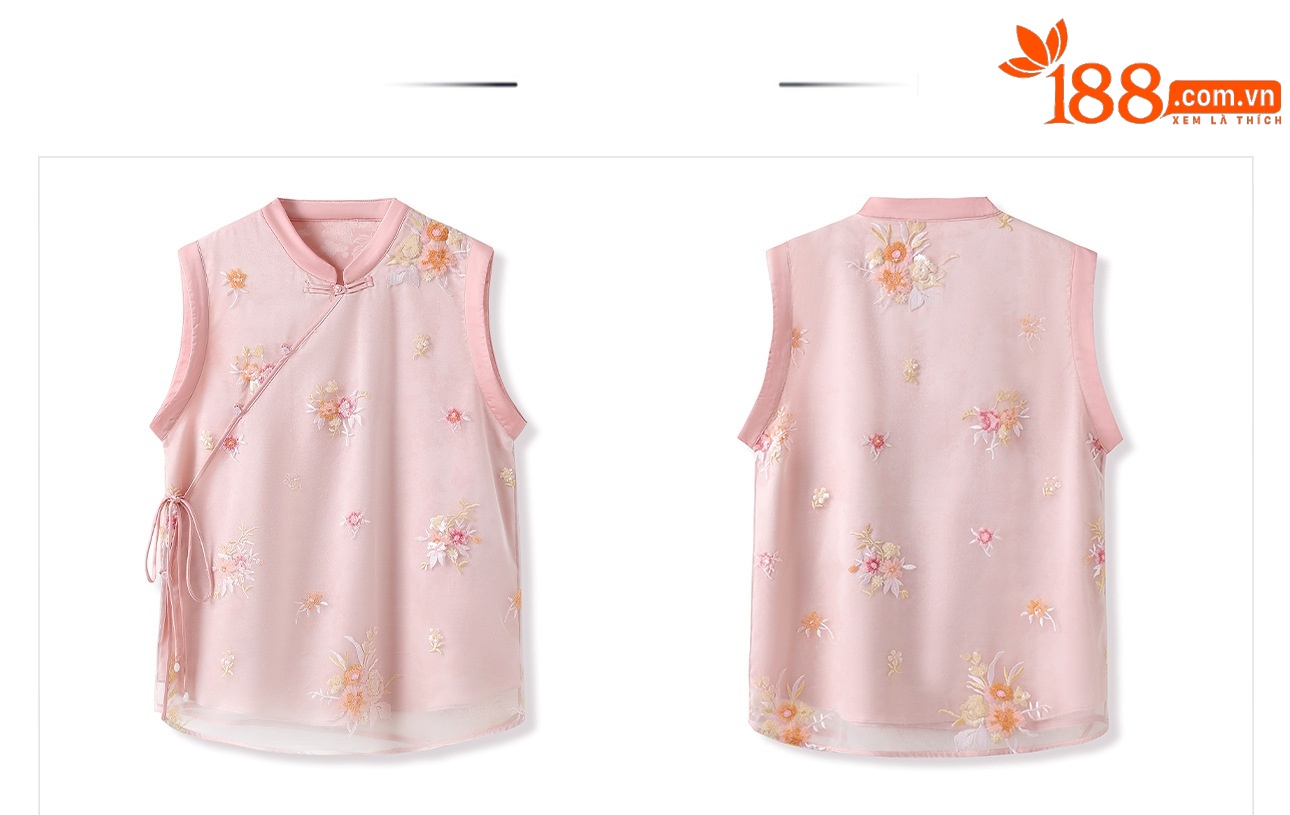 Áo vest lụa thêu hoa dành cho nữ — Màu hồng chi tiết 13