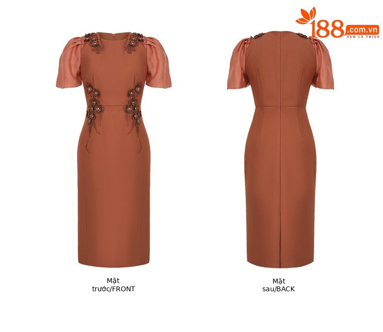 Váy maxi nữ cổ tròn họa tiết hoa nổi 3D ôm vừa phong cách retro — Màu đỏ gạch chi tiết 3