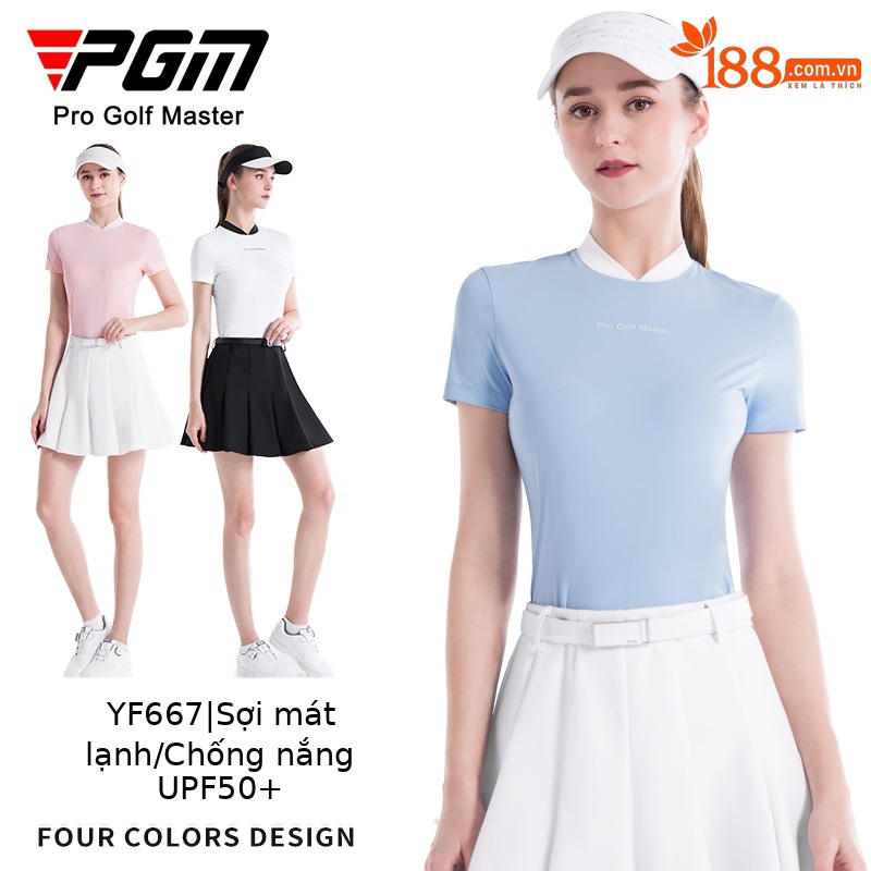 Áo chống nắng golf nữ lụa băng tay ngắn phối váy xếp ly — Áo trắng YF667 [lụa lạnh/chống nắng UPF50], Áo Đen YF667 [lụa lạnh/chống nắng UPF50], Áo phấn hoa anh đào YF667 [lụa lạnh/chống nắng UPF50], YF667 Ice Crystal Blue Top [mát lạnh lụa/chống nắng UPF50]