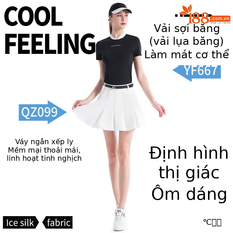 Áo chống nắng golf nữ lụa băng tay ngắn phối váy xếp ly — Áo trắng YF667 [lụa lạnh/chống nắng UPF50], Áo Đen YF667 [lụa lạnh/chống nắng UPF50], Áo phấn hoa anh đào YF667 [lụa lạnh/chống nắng UPF50], YF667 Ice Crystal Blue Top [mát lạnh lụa/chống nắng UPF50]
