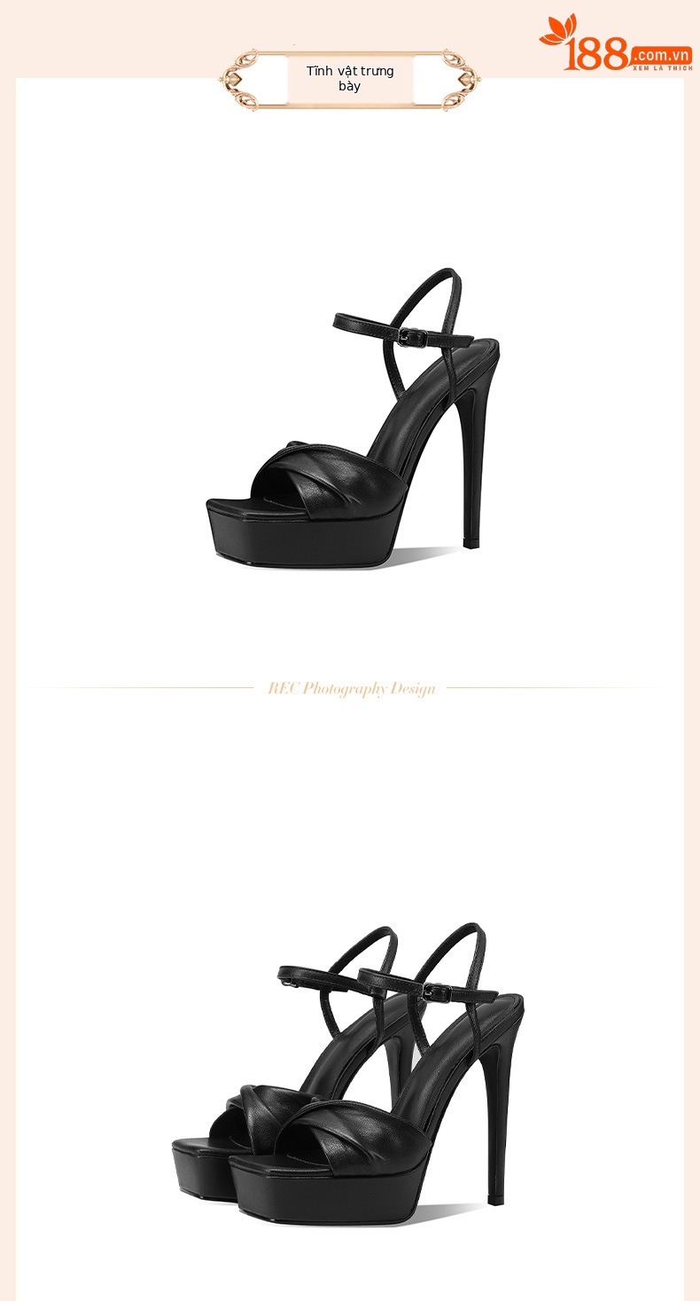 Giày sandal cao gót nữ hở mũi quai ngang mũi vuông đế platform gót 13 cm — Màu đen chi tiết 2