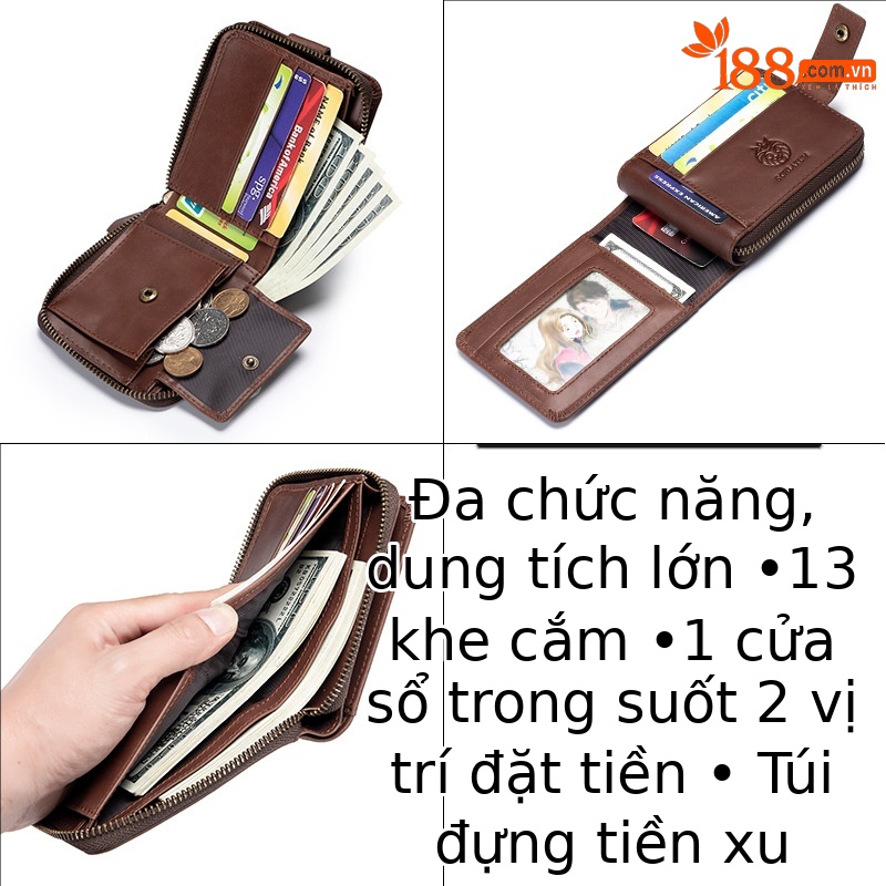 Ví nam ngắn da bò cao cấp Lion Leiden kiểu cổ điển chống trộm — Màu cà phê, Màu đen, Màu cà phê (có hộp quà), Màu đen (có hộp quà)