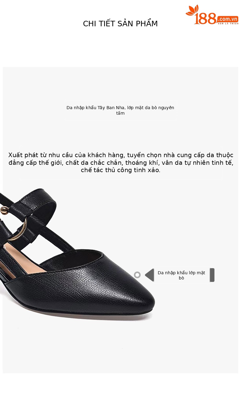 Sandal nữ da bò mũi nhọn gót vuông 3 cm hở gót — Màu Đen [Chiều cao gót 3 cm] chi tiết 2
