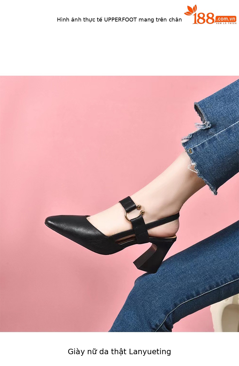 Sandal nữ da bò mũi nhọn gót vuông 3 cm hở gót — Màu Đen [Chiều cao gót 3 cm] chi tiết 3