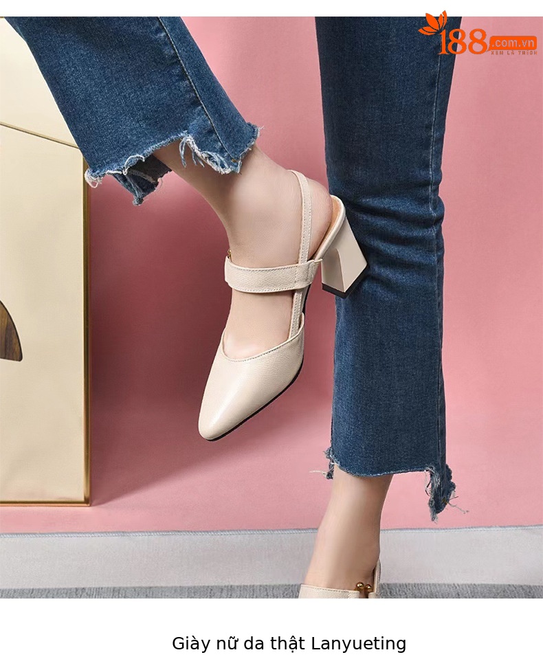 Sandal nữ da bò mũi nhọn gót vuông 3 cm hở gót — Màu Đen [Chiều cao gót 3 cm] chi tiết 4