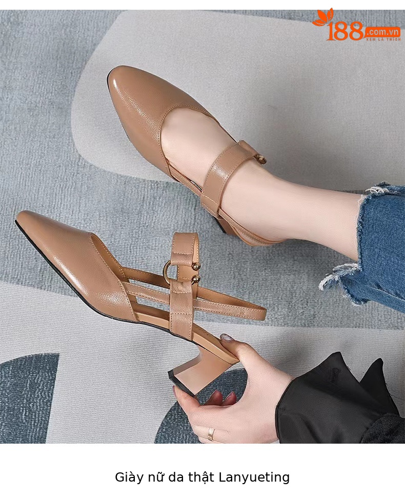 Sandal nữ da bò mũi nhọn gót vuông 3 cm hở gót — Màu Đen [Chiều cao gót 3 cm] chi tiết 5