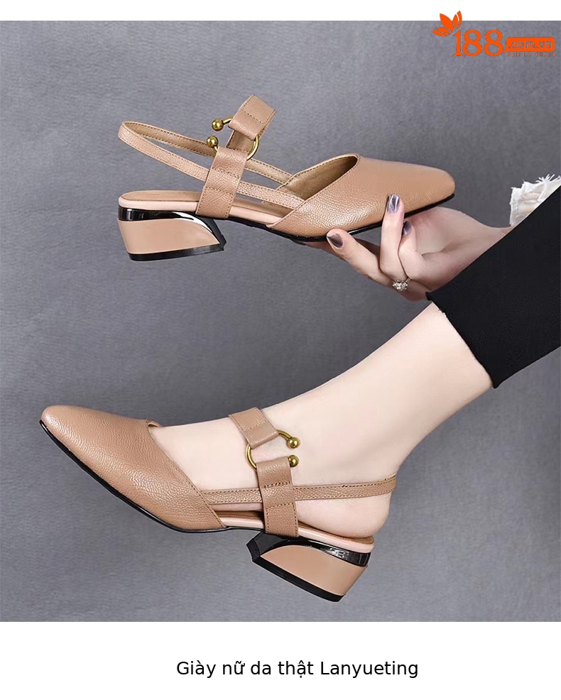 Sandal nữ da bò mũi nhọn gót vuông 3 cm hở gót — Màu Đen [Chiều cao gót 3 cm] chi tiết 6