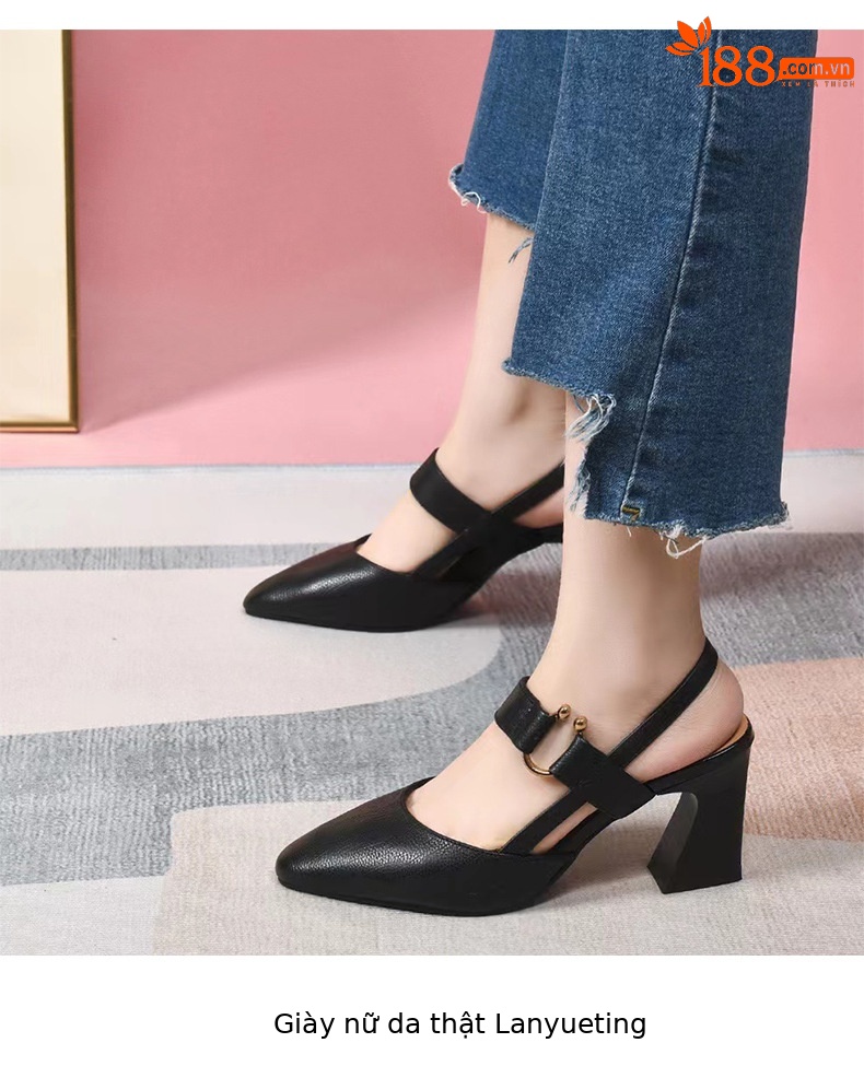 Sandal nữ da bò mũi nhọn gót vuông 3 cm hở gót — Màu Đen [Chiều cao gót 3 cm] chi tiết 7
