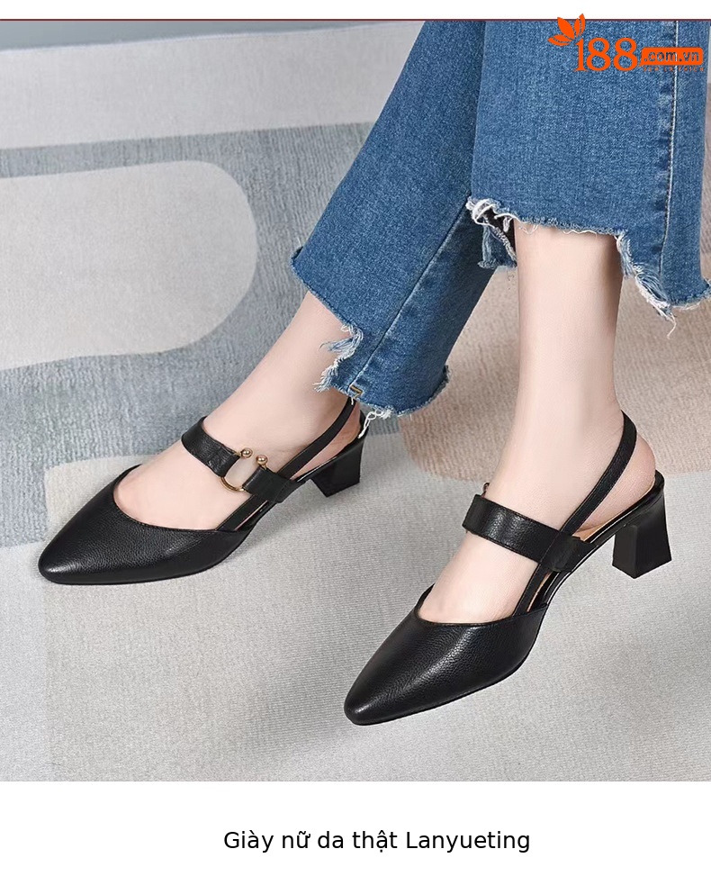 Sandal nữ da bò mũi nhọn gót vuông 3 cm hở gót — Màu Đen [Chiều cao gót 3 cm] chi tiết 8