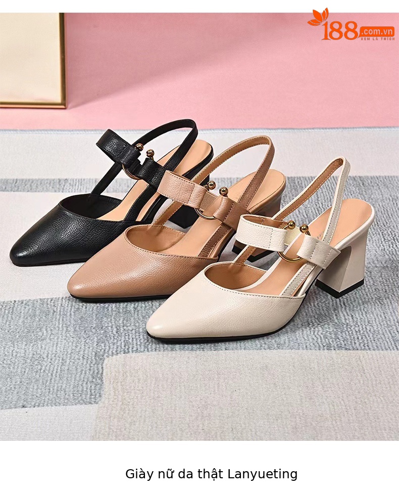 Sandal nữ da bò mũi nhọn gót vuông 3 cm hở gót — Màu Đen [Chiều cao gót 3 cm] chi tiết 9