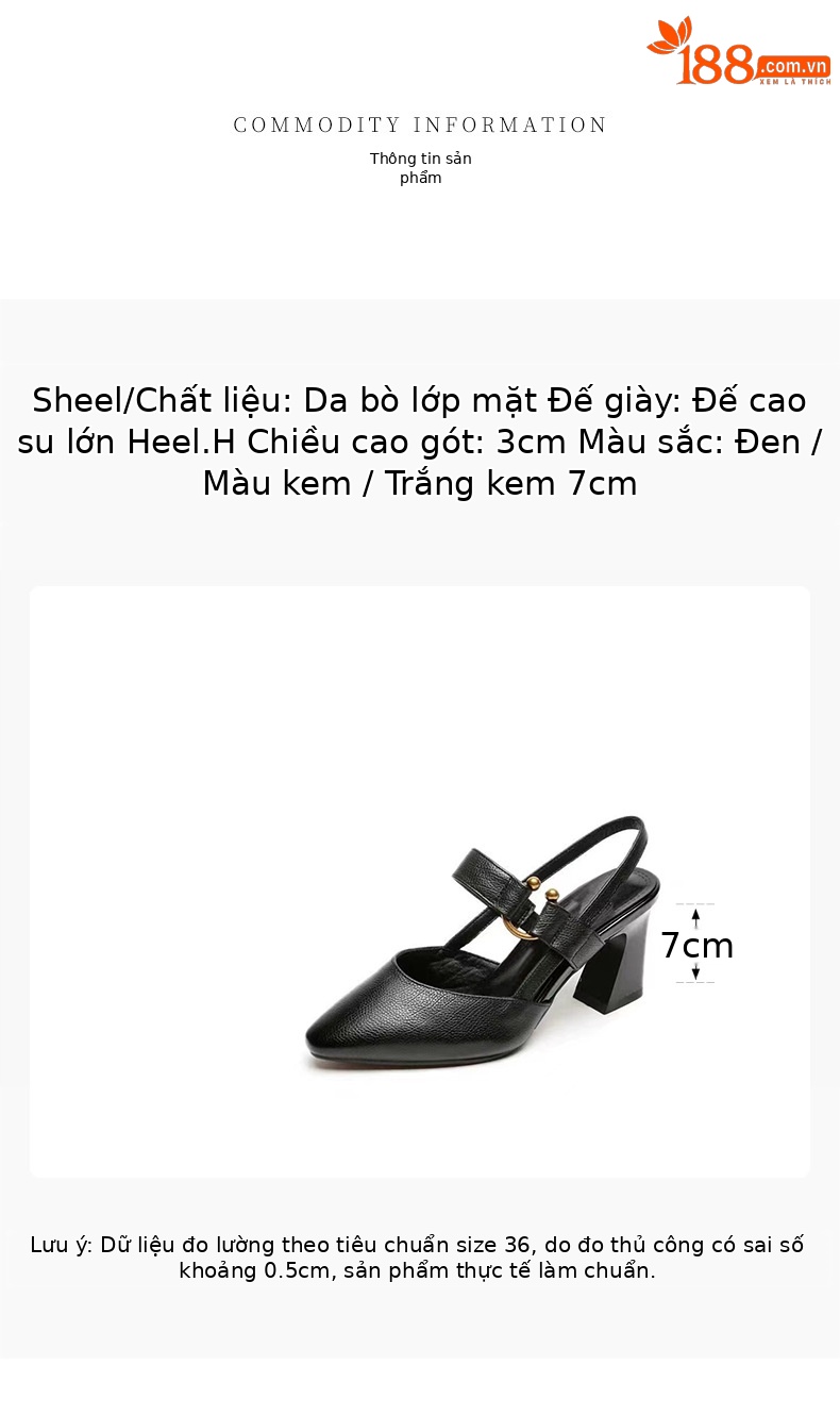 Sandal nữ da bò mũi nhọn gót vuông 3 cm hở gót — Màu Đen [Chiều cao gót 3 cm] chi tiết 1